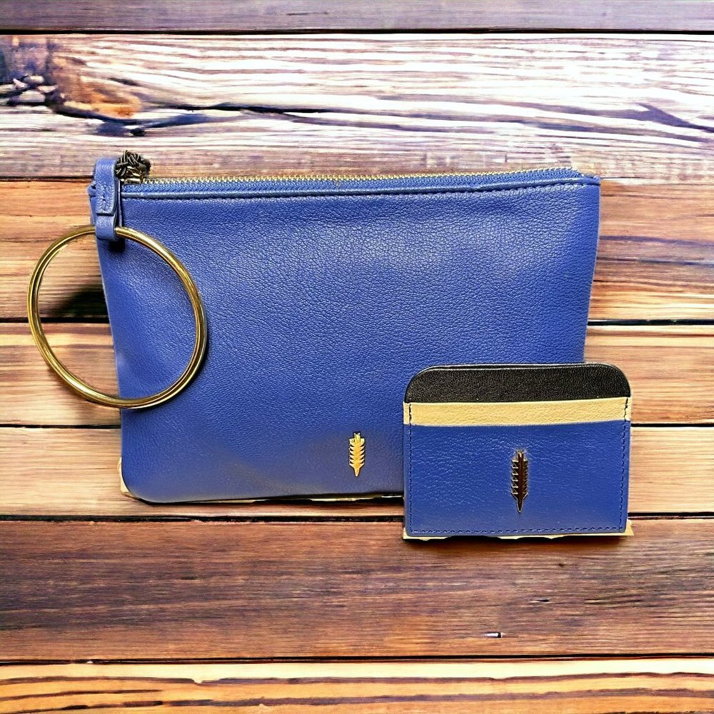 NWT Thacker NY Gia Gold Ring Royal Blue Leather Pouch & Card Case